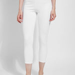 color=White, front view, crop length denim jean leggings with concealed waistband for flattering, slimming fit