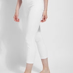 color=White, side view, crop length denim jean leggings with concealed waistband for flattering, slimming fit