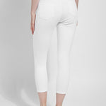 color=White, back view, crop length denim jean leggings with concealed waistband for flattering, slimming fit
