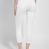 color=White, back view, crop length denim jean leggings with concealed waistband for flattering, slimming fit