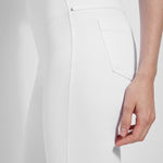 color=White, side waist detail, crop length denim jean leggings with concealed waistband for flattering, slimming fit