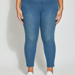 color=Mid Wash, front view, plus size summer denim jegging with scalloped hem detail, cropped, slim profile
