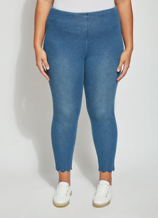 color=Mid Wash, front view, plus size summer denim jegging with scalloped hem detail, cropped, slim profile