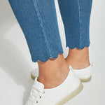 color=Mid Wash, ankle crop hem details, plus size summer denim jegging with scalloped hem detail, cropped, slim profile