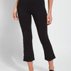color=Black, front view, lightweight ponte legging with body-hugging fit to knee, flare opening, side slit, comfort waistband