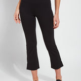 color=Black, front view, plus size curvy legging with body-hugging fit to knee, flare opening, side slit, comfort waistband