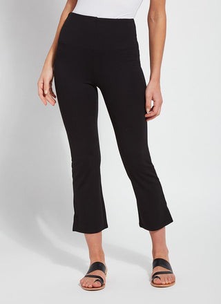 color=Black, front view, lightweight ponte legging with body-hugging fit to knee, flare opening, side slit, comfort waistband