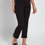 color=Black, front angle, plus size curvy legging with body-hugging fit to knee, flare opening, side slit, comfort waistband
