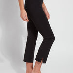 color=Black, side view, plus size curvy legging with body-hugging fit to knee, flare opening, side slit, comfort waistband