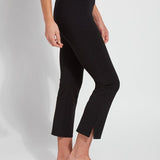color=Black, side view, plus size curvy legging with body-hugging fit to knee, flare opening, side slit, comfort waistband