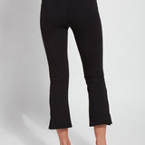 color=Black, back view, plus size curvy legging with body-hugging fit to knee, flare opening, side slit, comfort waistband