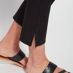 color=Black, ankle hem detail, plus size curvy legging with body-hugging fit to knee, flare opening, side slit, comfort waistband