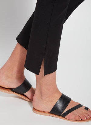 color=Black, ankle hem detail, plus size curvy legging with body-hugging fit to knee, flare opening, side slit, comfort waistband