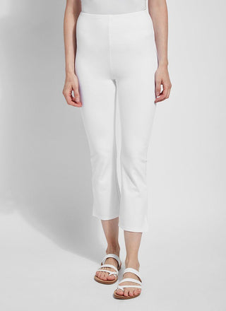 color=White, front view, lightweight ponte legging with body-hugging fit to knee, flare opening, side slit, comfort waistband