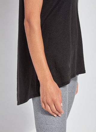 color=Black, side hem view, women’s all purpose casual t-shirt, made from a soft linen blend, versatile for layering