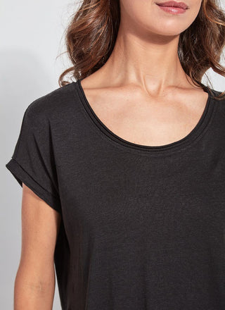 color=Black, front neckline detail, women’s all purpose casual plus size t-shirt, made from a soft linen blend, versatile for layering