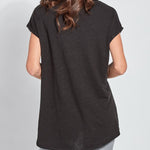 color=Black, back view, women’s all purpose casual plus size t-shirt, made from a soft linen blend, versatile for layering