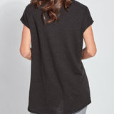 color=Black, back view, women’s all purpose casual plus size t-shirt, made from a soft linen blend, versatile for layering