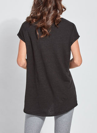 color=Black, back view, women’s all purpose casual plus size t-shirt, made from a soft linen blend, versatile for layering