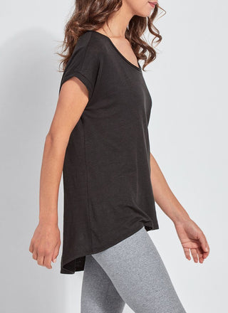 color=Black, side view, women’s all purpose casual plus size t-shirt, made from a soft linen blend, versatile for layering