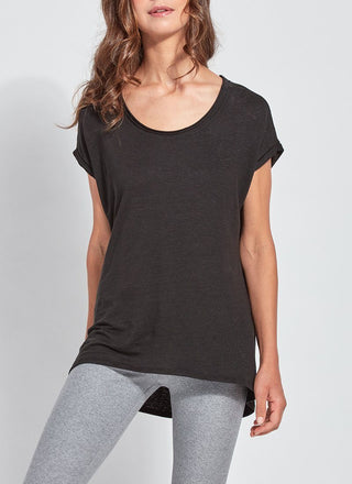 color=Black, front view, women’s all purpose casual plus size t-shirt, made from a soft linen blend, versatile for layering