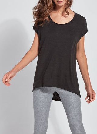color=Black, front view, women’s all purpose casual t-shirt, made from a soft linen blend, versatile for layering