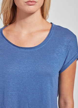 color=Denim Blue, neckline detail, women’s all purpose casual t-shirt, made from a soft linen blend, versatile for layering