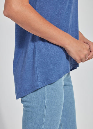 color=Denim Blue, side hem detail,women’s all purpose casual t-shirt, made from a soft linen blend, versatile for layering