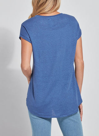 color=Denim Blue, back view, women’s all purpose casual t-shirt, made from a soft linen blend, versatile for layering