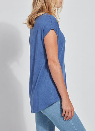 color=Denim Blue, side view, women’s all purpose casual t-shirt, made from a soft linen blend, versatile for layering