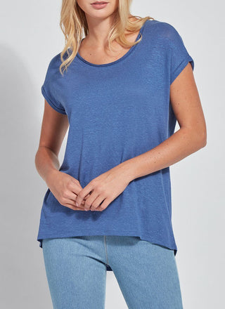 color=Denim Blue, front view, women’s all purpose casual t-shirt, made from a soft linen blend, versatile for layering