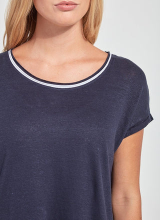 color=True Navy, front neckline detail, women’s all purpose casual t-shirt, made from a soft linen blend, versatile for layering