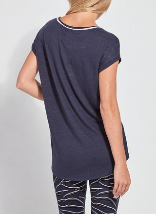 color=True Navy, back view, women’s all purpose casual t-shirt, made from a soft linen blend, versatile for layering