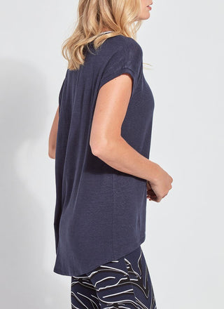 color=True Navy, side view, women’s all purpose casual t-shirt, made from a soft linen blend, versatile for layering