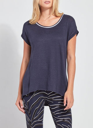 color=True Navy, front view, women’s all purpose casual t-shirt, made from a soft linen blend, versatile for layering