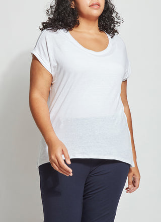 color=White, front view, women’s all purpose casual plus size t-shirt, made from a soft linen blend, versatile for layering