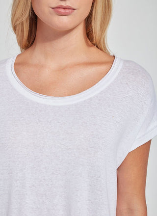 color=White, front neckline detail, women’s all purpose casual t-shirt, made from a soft linen blend, versatile for layering