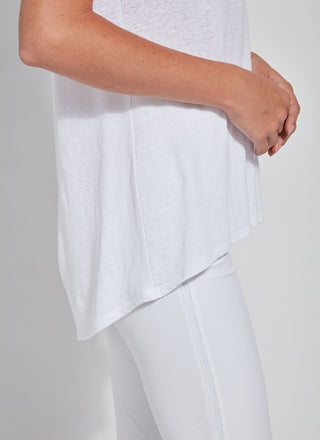 color=White, side hem detail, women’s all purpose casual t-shirt, made from a soft linen blend, versatile for layering