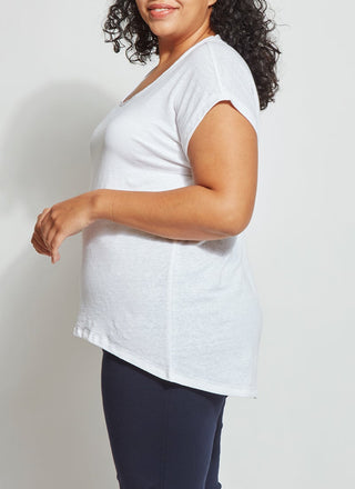 color=White, side view, women’s all purpose casual plus size t-shirt, made from a soft linen blend, versatile for layering