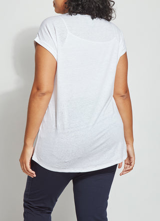 color=White, back view, women’s all purpose casual plus size t-shirt, made from a soft linen blend, versatile for layering