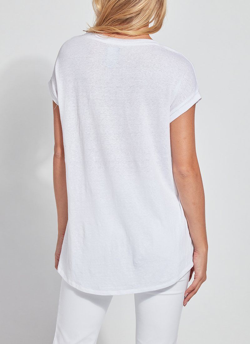 color=White, back detail, women’s all purpose casual t-shirt, made from a soft linen blend, versatile for layering