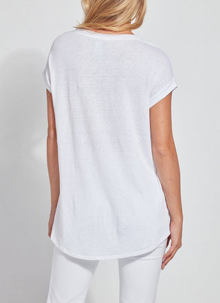 color=White, back detail, women’s all purpose casual t-shirt, made from a soft linen blend, versatile for layering