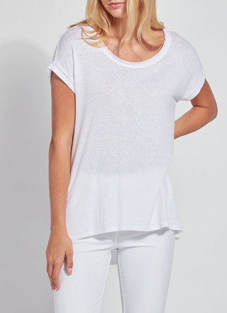 color=White, front view, women’s all purpose casual t-shirt, made from a soft linen blend, versatile for layering
