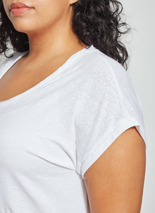 color=White, sleeve and neck detail, women’s all purpose casual plus size t-shirt, made from a soft linen blend, versatile for layering