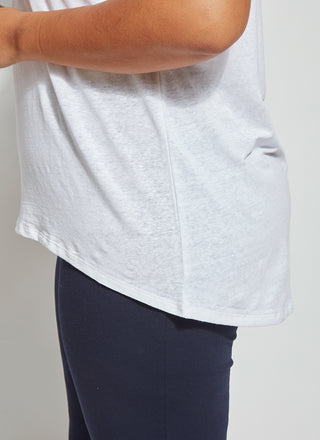 color=White, side hem detail, women’s all purpose casual plus size t-shirt, made from a soft linen blend, versatile for layering