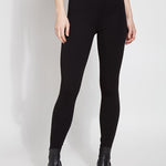 color=Black, Front view of black ponte laura legging with patented concealed waistband, seen from waist down