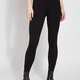 color=Black, Front view of black ponte laura legging with patented concealed waistband, seen from waist down