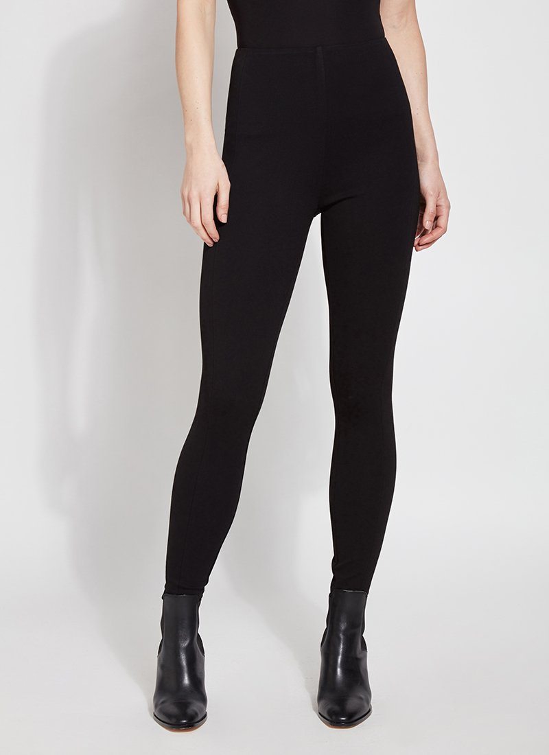 color=Black, Front view of black ponte laura legging with patented concealed waistband, seen from waist down
