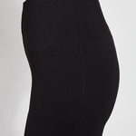 color=Black, Side detail view of black ponte laura legging with patented concealed waistband