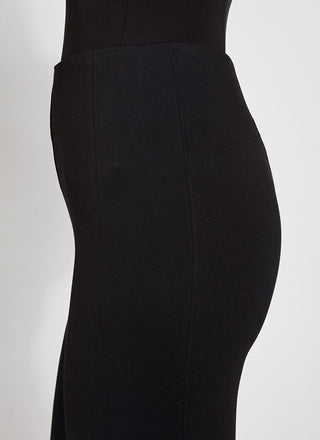 color=Black, Side detail view of black ponte laura legging with patented concealed waistband